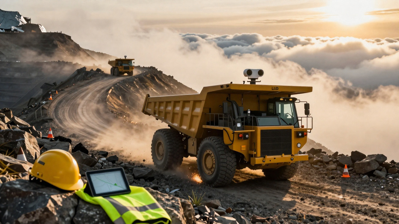 Gelber Muldenkipper fährt auf unbefestigtem Bergweg über einer Wolkendecke im Sonnenuntergang.
