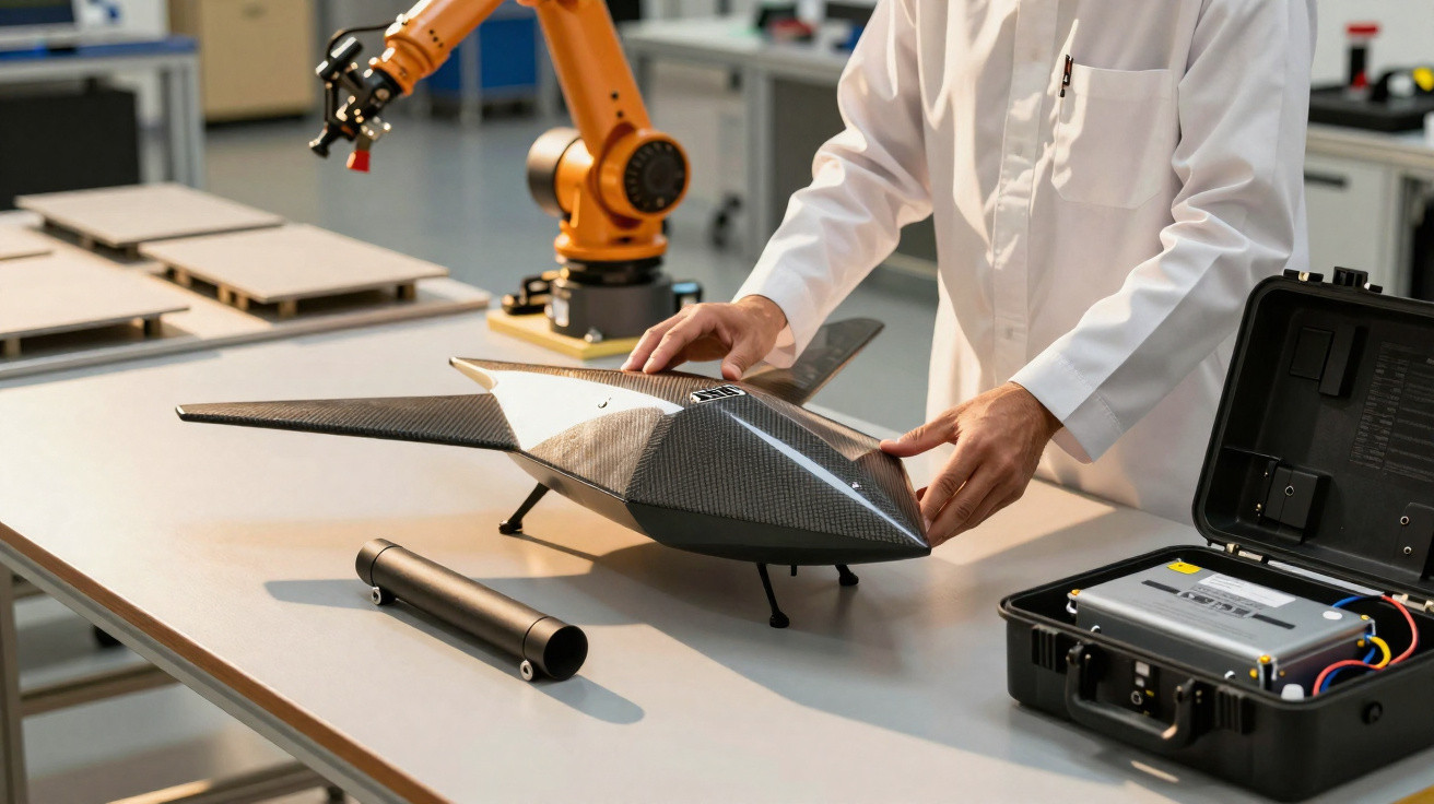 Ingenieur in Labor untersucht Drohnenmodell neben Roboterarm und technischen Geräten auf Tisch