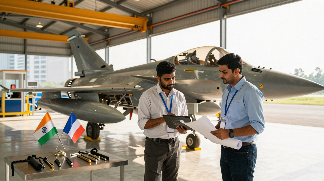 Zwei Ingenieure besprechen technische Unterlagen vor einem Kampfjet in einem Hangar mit indischen und französischen Flaggen.