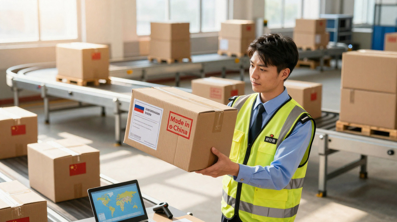 Mitarbeiter in Lager mit Warnweste hält Paket „Made in China“ neben Fließband und Laptop mit Weltkarte.