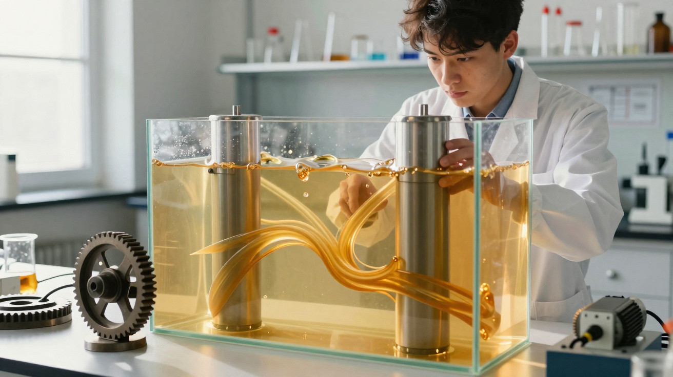 Wissenschaftler untersucht Strömungsverhalten um Rohre in einem durchsichtigen Wasserbecken im Labor.