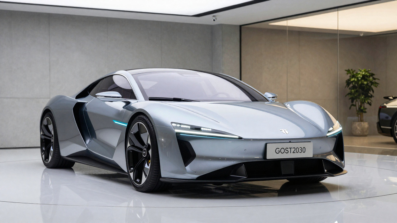 Silberner futuristischer Sportwagen im Ausstellungsraum mit modernen Linien und LED-Scheinwerfern.