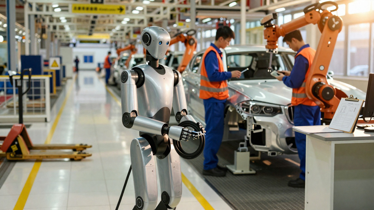 Roboter hält Autoteil in moderner Autofabrik, im Hintergrund arbeiten Menschen und Roboterarme am Auto.