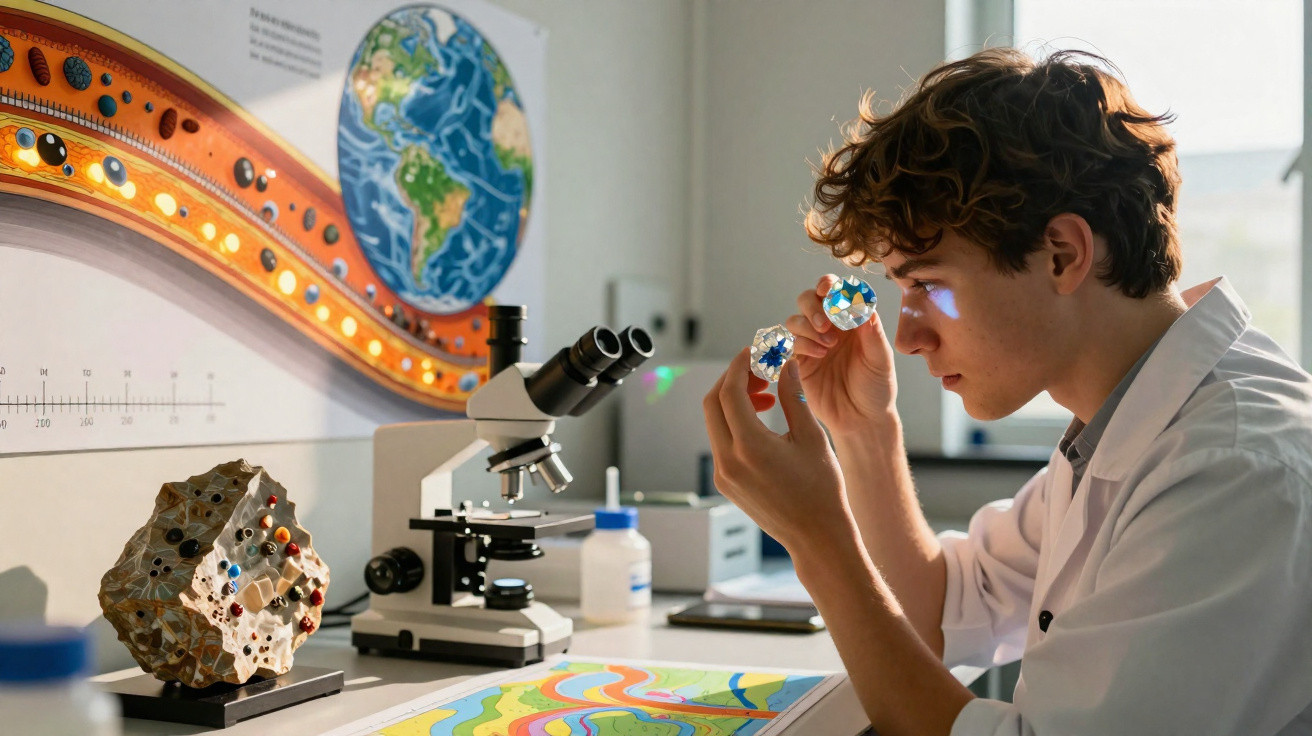 Junger Wissenschaftler untersucht Kristalle im Labor mit Mikroskop und geologischen Modellen.