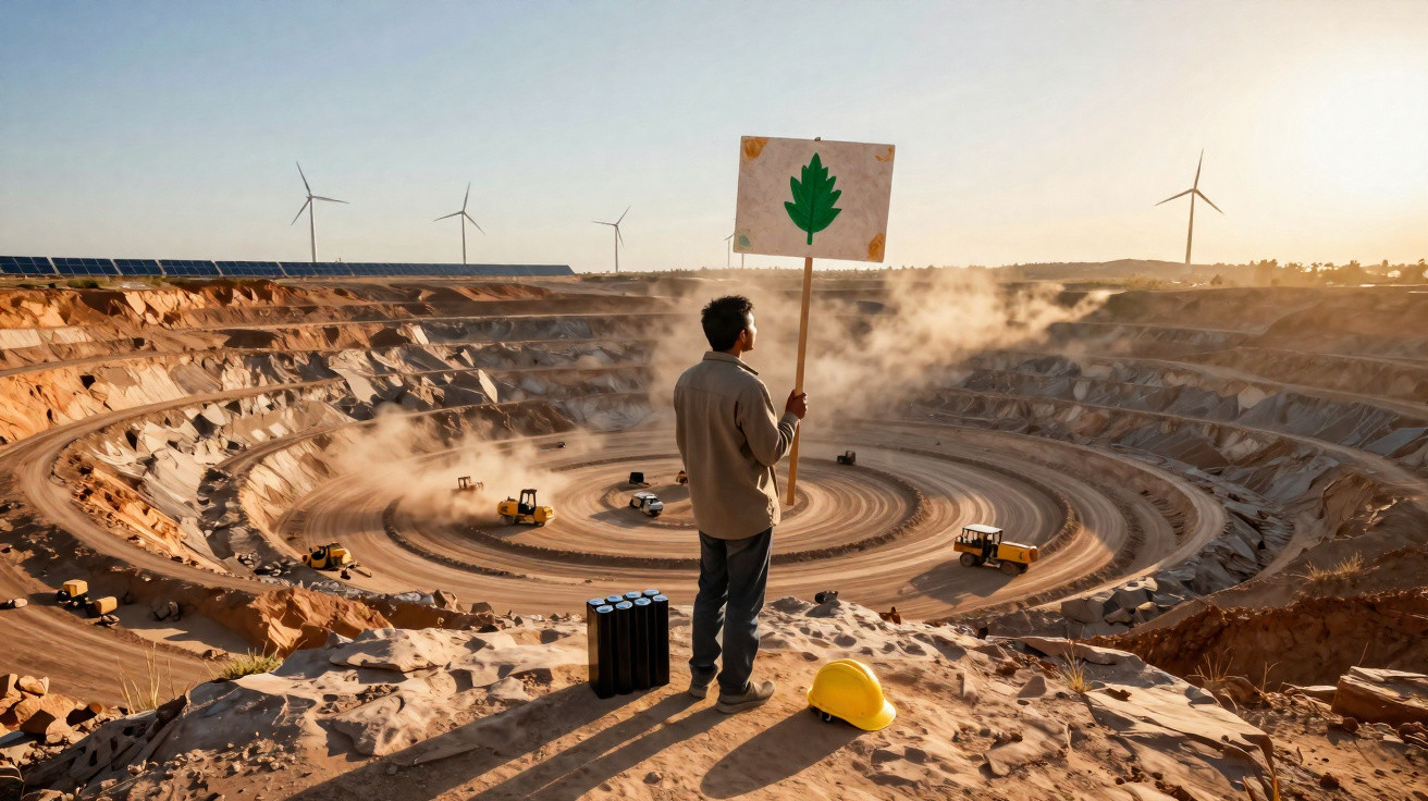 Person steht mit Plakat mit grünem Blatt auf Bergbaustelle mit Windrädern im Hintergrund bei Sonnenuntergang.