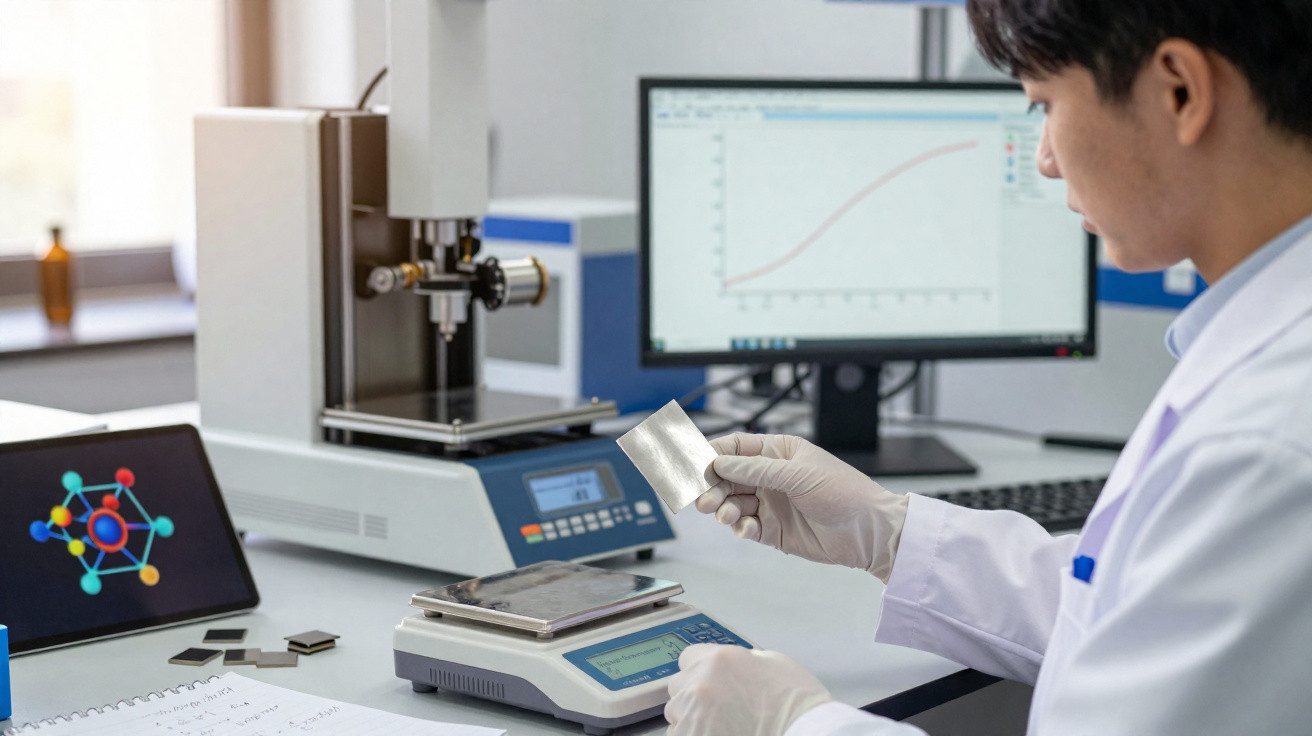 Forscher im Labor untersucht ein Materialprobe mit Waage vor Computermonitoren und Messgeräten.
