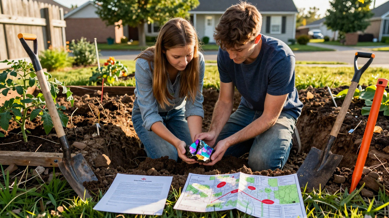 Zwei junge Erwachsene untersuchen bunte Glaskristalle in einem Garten mit Gartenschaufeln und Plänen im Sonnenlicht.