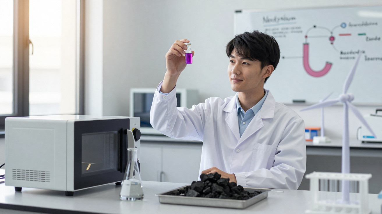 Junger Wissenschaftler im Labor analysiert violette Flüssigkeit, neben Kohle, Mikrowelle und Windkraftmodell.