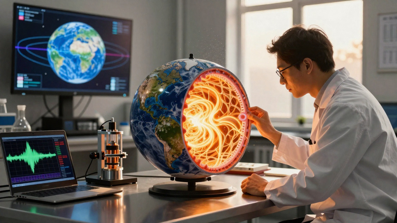 Wissenschaftler untersucht detailliertes Erdkernmodell mit Laptop und Erdkarte im Hintergrund in Laborumgebung.