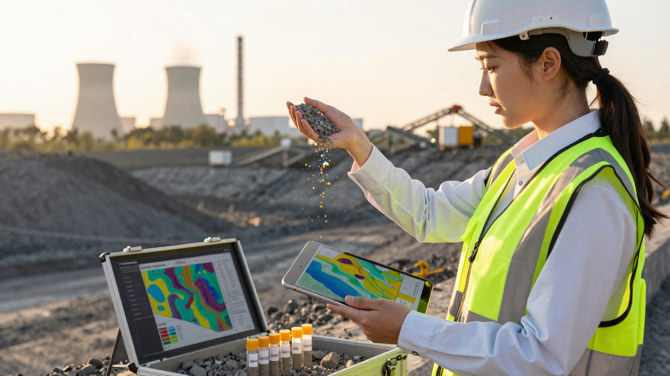 Ingenieurin mit Helm und Warnweste analysiert Gesteinsproben vor Industrieanlage mit Tablets und Farbkarten.