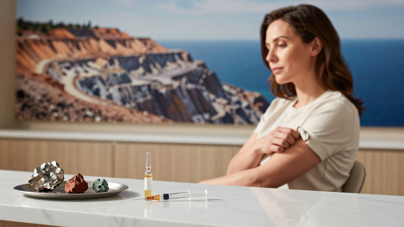 Frau sitzt nachdenklich am Tisch mit Spritze, Ampulle und Mineralproben vor einem großen Bergwerksbild.