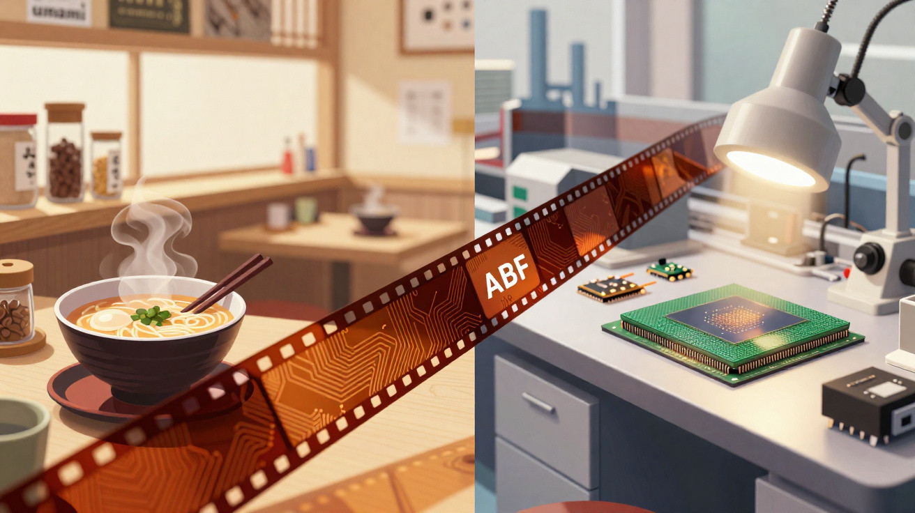 Links eine dampfende Schale Ramen, rechts ein technischer Arbeitsplatz mit Mikrochips und Lampenlicht.