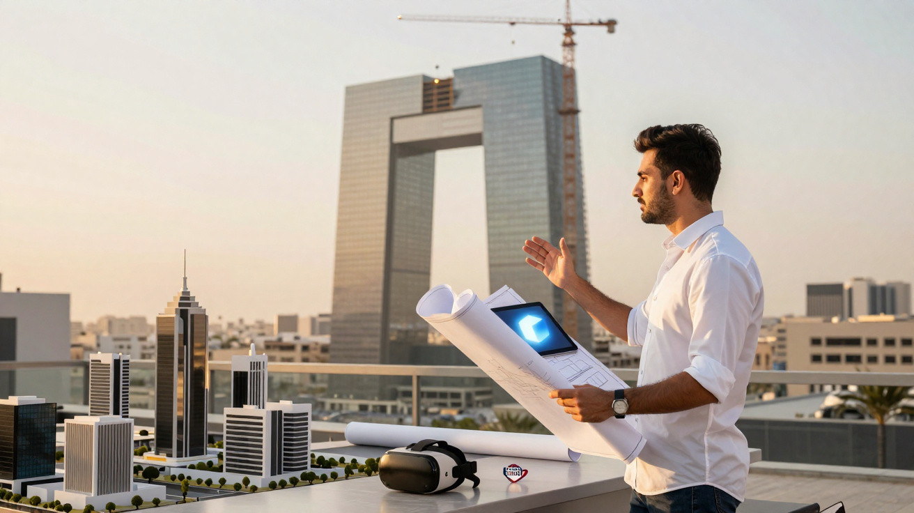 Architekt betrachtet Modell einer modernen Stadt und hält Baupläne auf einer Dachterrasse bei Sonnenuntergang.