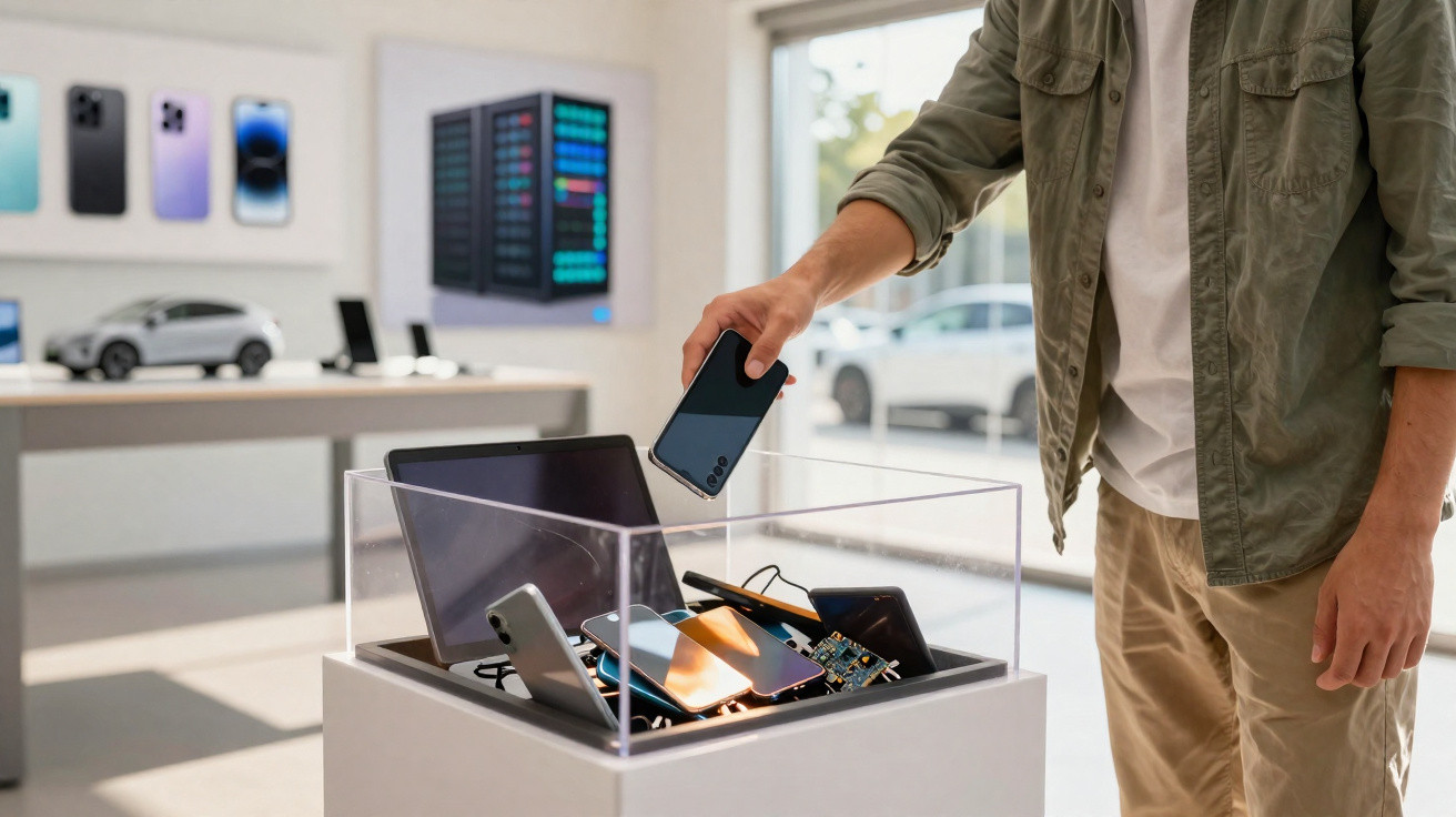 Person wirft Smartphone in durchsichtigen Behälter mit elektronischen Geräten in hell erleuchtetem Laden.