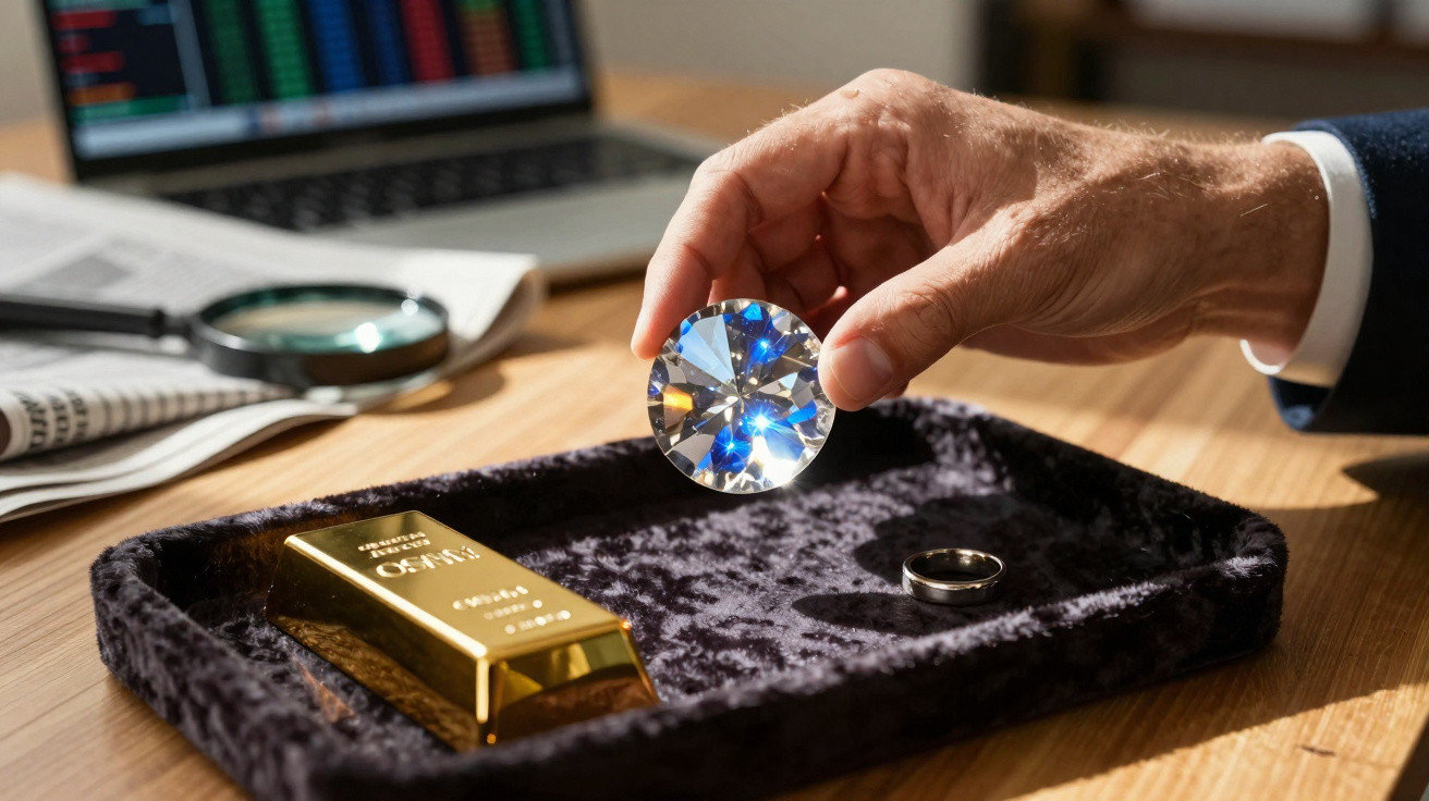 Hand legt großen Diamanten auf Tablett mit Goldbarren und Ring, Laptop und Zeitung im Hintergrund.
