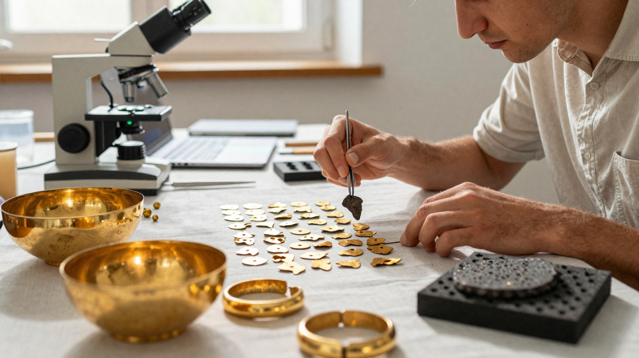 Mann untersucht antike goldene Schmuckstücke auf einem Tisch mit Mikroskop und Werkzeugen.