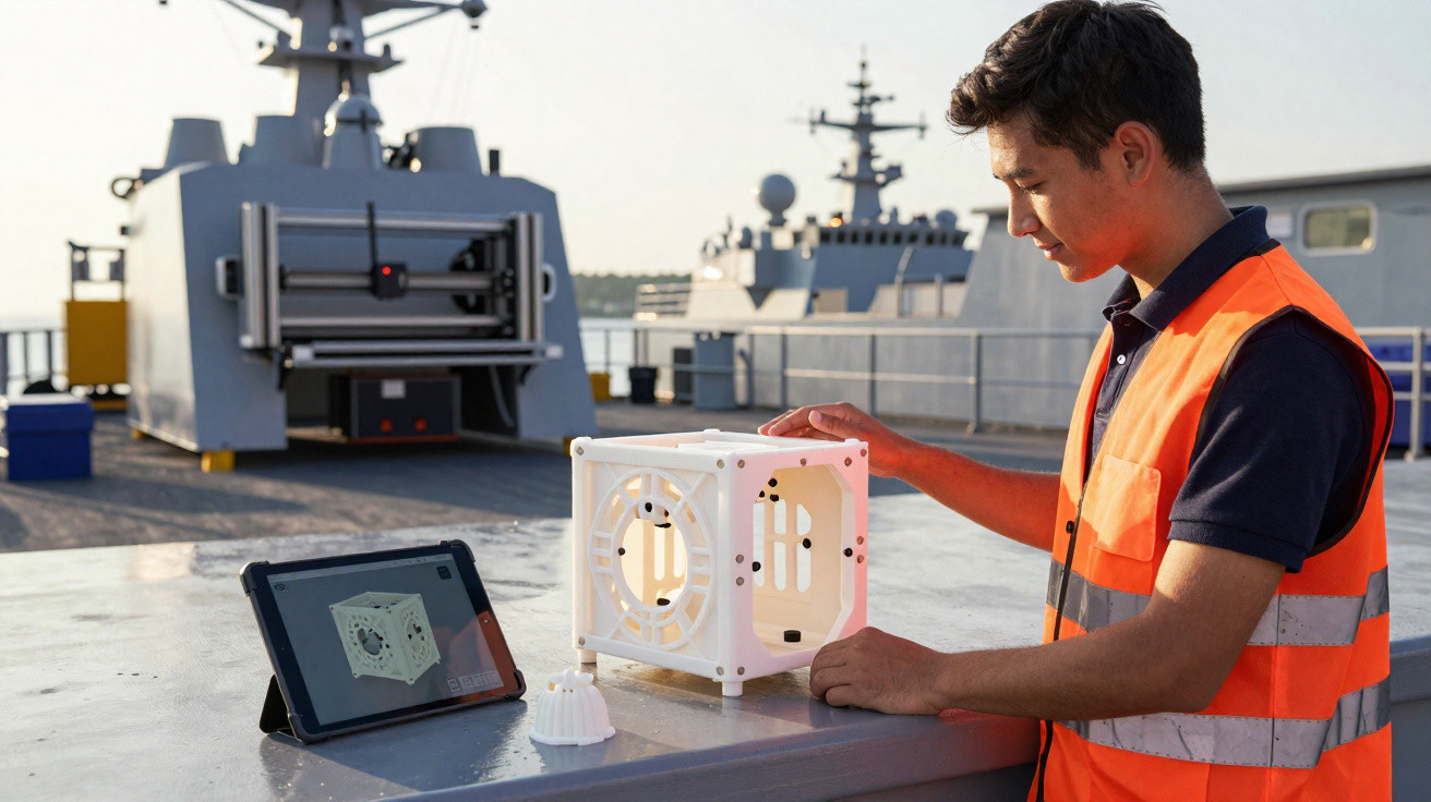 Mann in orange Warnweste untersucht 3D-gedrucktes Kunststoffobjekt neben Tablet auf Schiffsdeck.