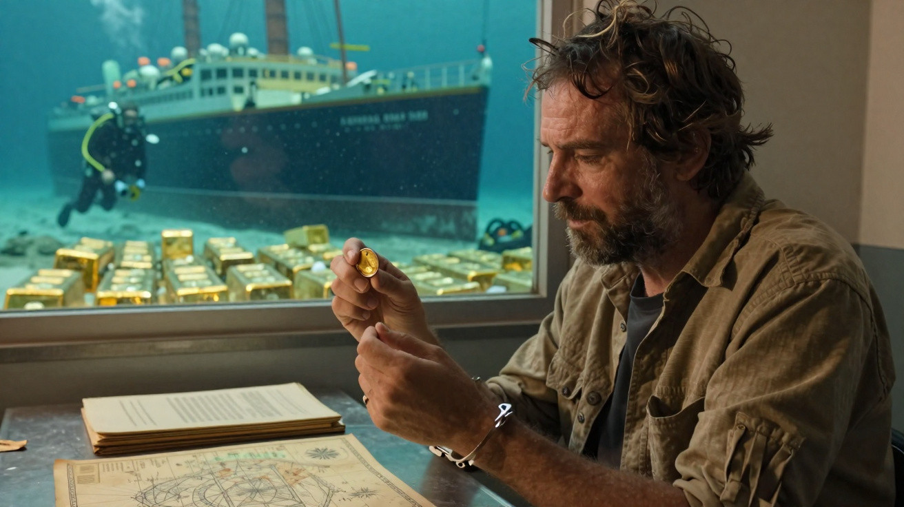 Mann mit Handschellen untersucht Goldmünze, im Hintergrund Tauchboot und Goldbarren am Meeresboden.