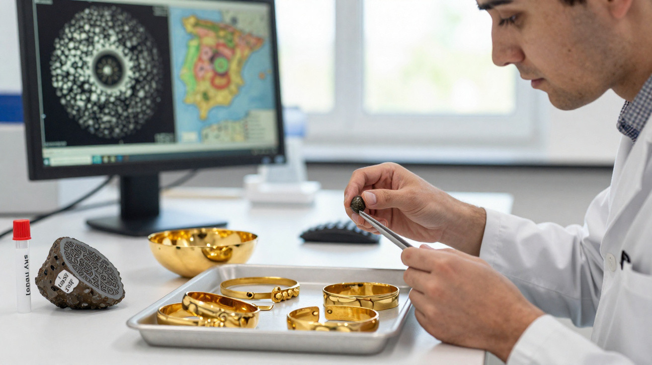 Forscher im Labor untersucht mit Pinzette goldene Schmuckstücke auf Metalltisch vor Computermonitor.