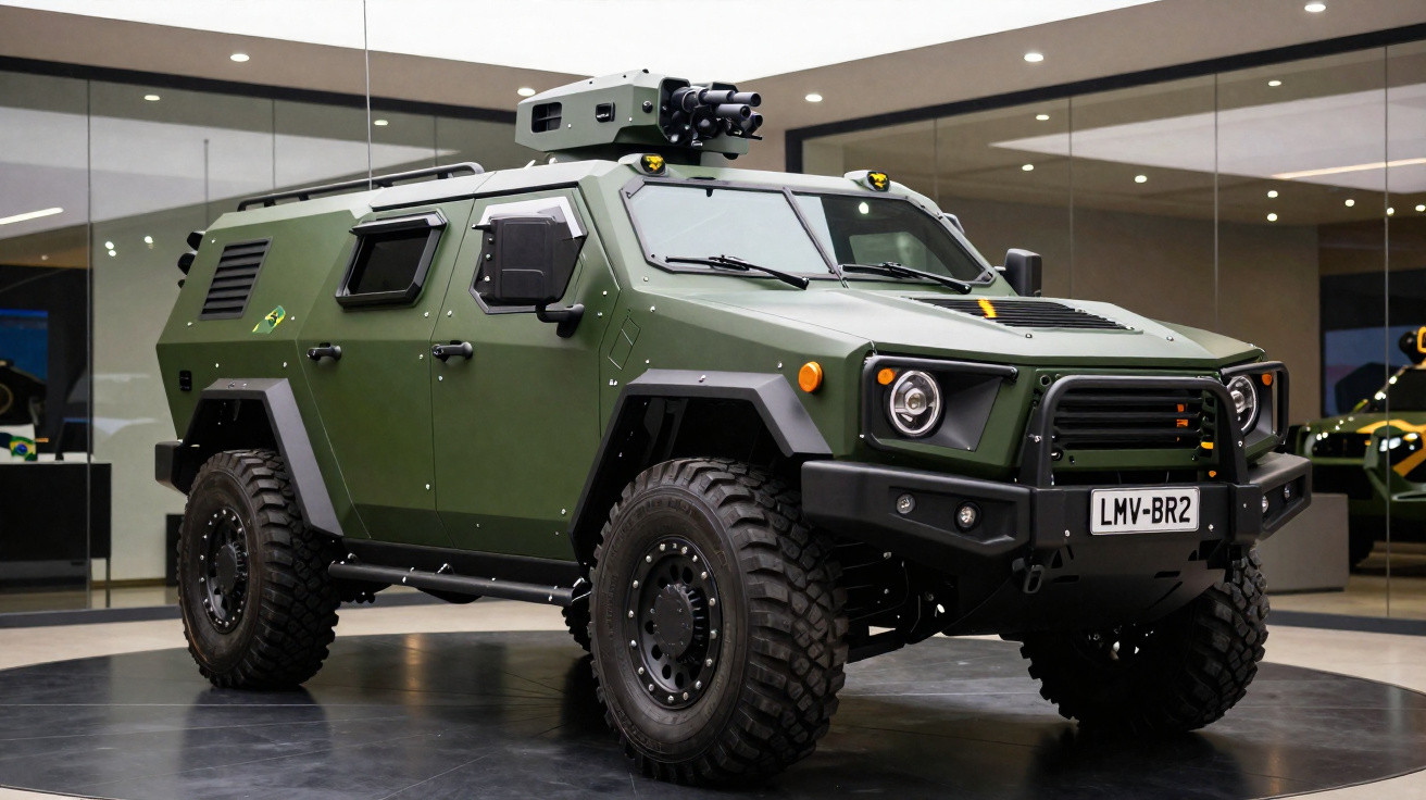 Grüner gepanzerter Militärgeländewagen mit schweren Reifen und Waffenanlage in Ausstellungshalle.