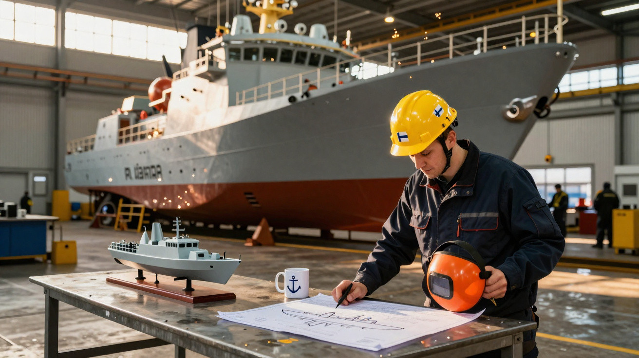 Ingenieur mit Schutzhelm arbeitet an Schiffsplänen vor einem Patrouillenboot in Werfthalle.