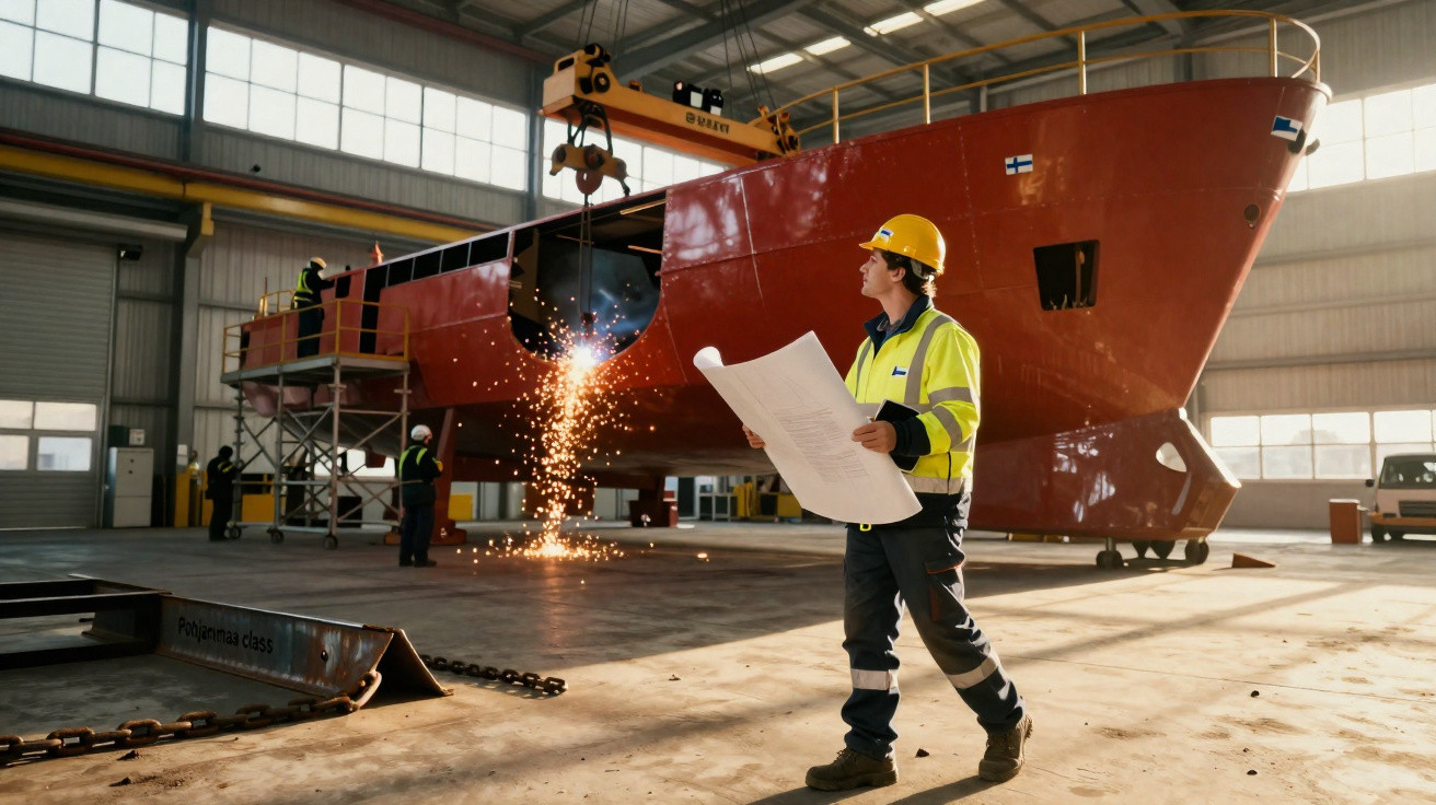 Arbeiter mit Bauhelm und Plan inspiziert Rumpf eines Schiffes in Werfthalle mit Funkenflug im Hintergrund.