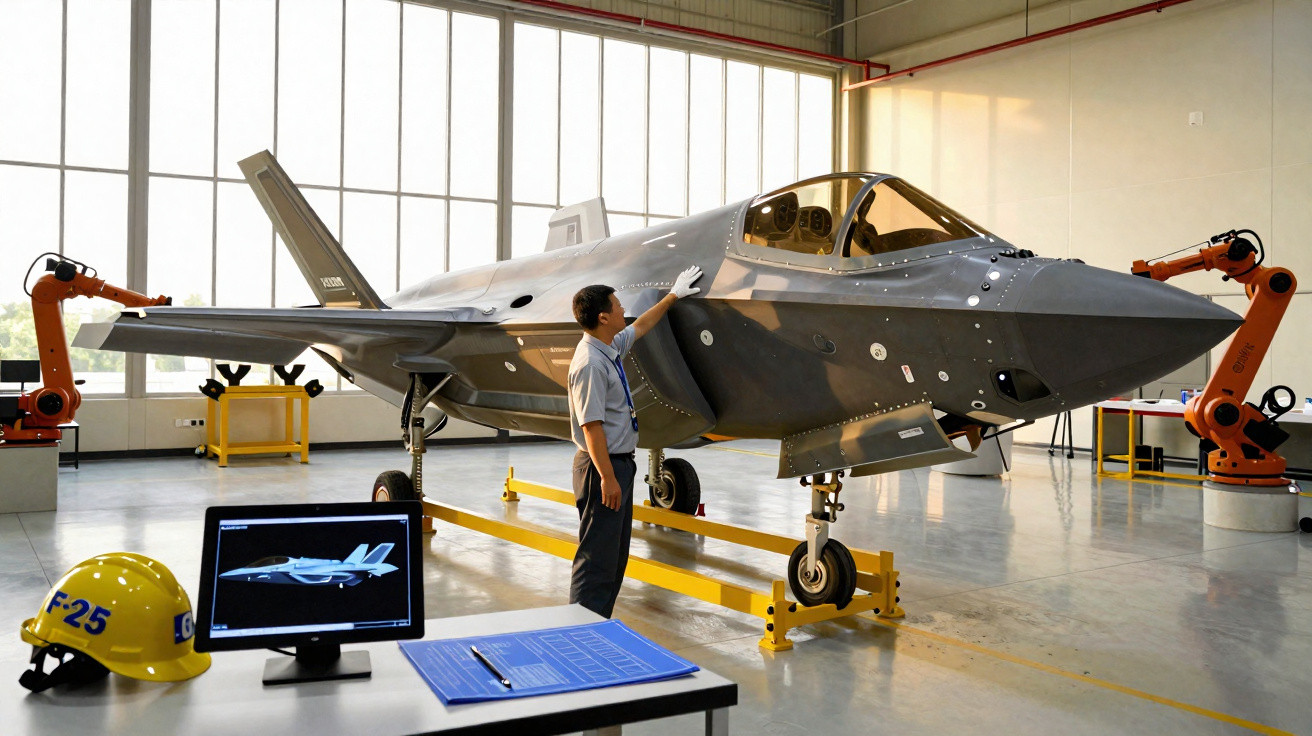 Ingenieur inspiziert Kampfflugzeug F-35 in moderner Produktionshalle mit Robotern im Hintergrund.