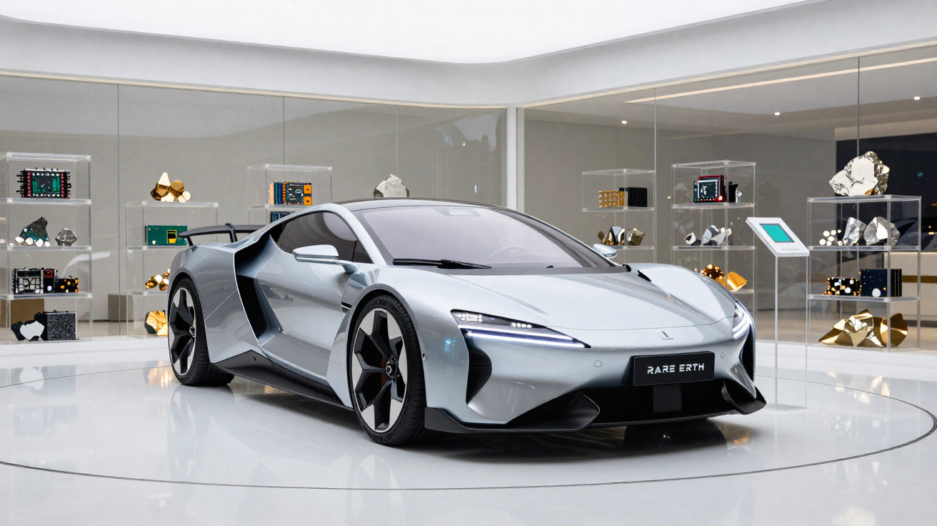 Silberner futuristischer Sportwagen in modernem Ausstellungsraum mit Kunstwerken auf Glasvitrinen.