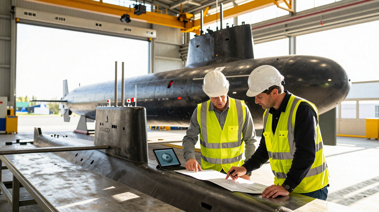 Zwei Ingenieure mit Schutzhelmen und Warnwesten prüfen Pläne vor einem U-Boot in einer Werkhalle.
