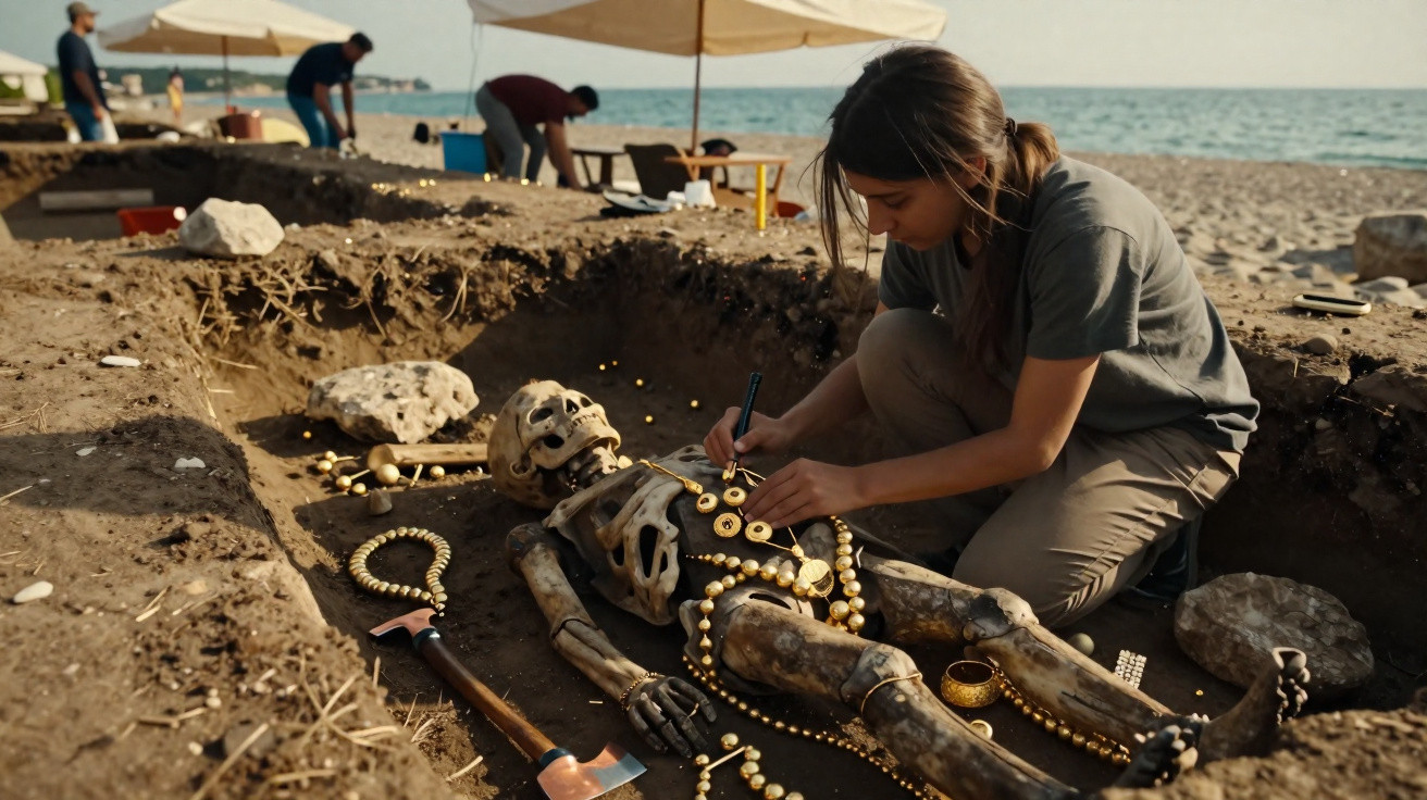 Archäologin untersucht ein mit Goldschmuck bedecktes Skelett in einem Ausgrabungsfeld am Strand.