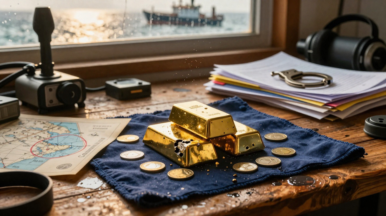 Drei Goldbarren und Goldmünzen auf einem blauen Tuch, umgeben von Karten, Dokumenten und Funkgerät auf Holztisch am Fenster.