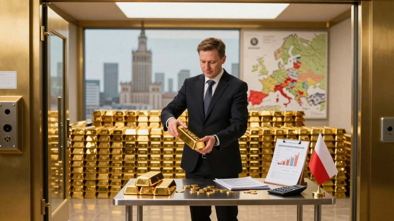 Mann im Anzug zählt Goldbarren in einem Tresorraum mit Stapeln von Gold und einer Karte Europas im Hintergrund.