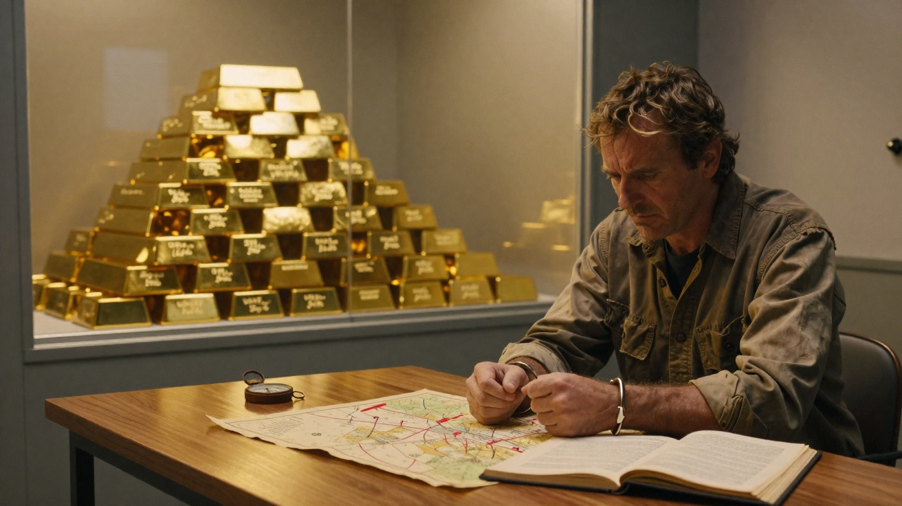Mann mit Handschellen sitzt an Tisch, vor ihm Karte und Buch, im Hintergrund vitrine mit Goldbarren.