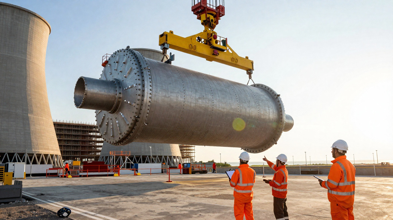 Industrielle Baustelle mit Kran, der großen Metallbehälter hebt, und Arbeitern in Sicherheitskleidung.