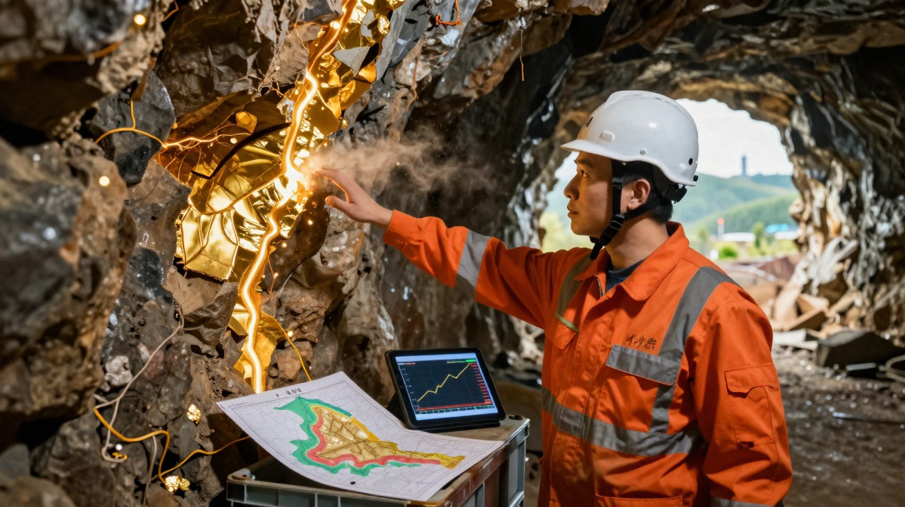 Bergmann mit Helm untersucht leuchtende Adern im Bergwerk neben Tablet und Karten auf Kiste