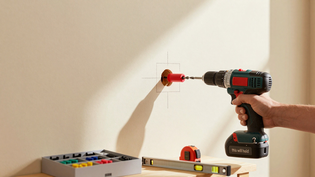 Bohrmaschine mit Bohrer und Bohrschablone an der Wand, Werkzeugkasten und Wasserwaage auf Tisch.