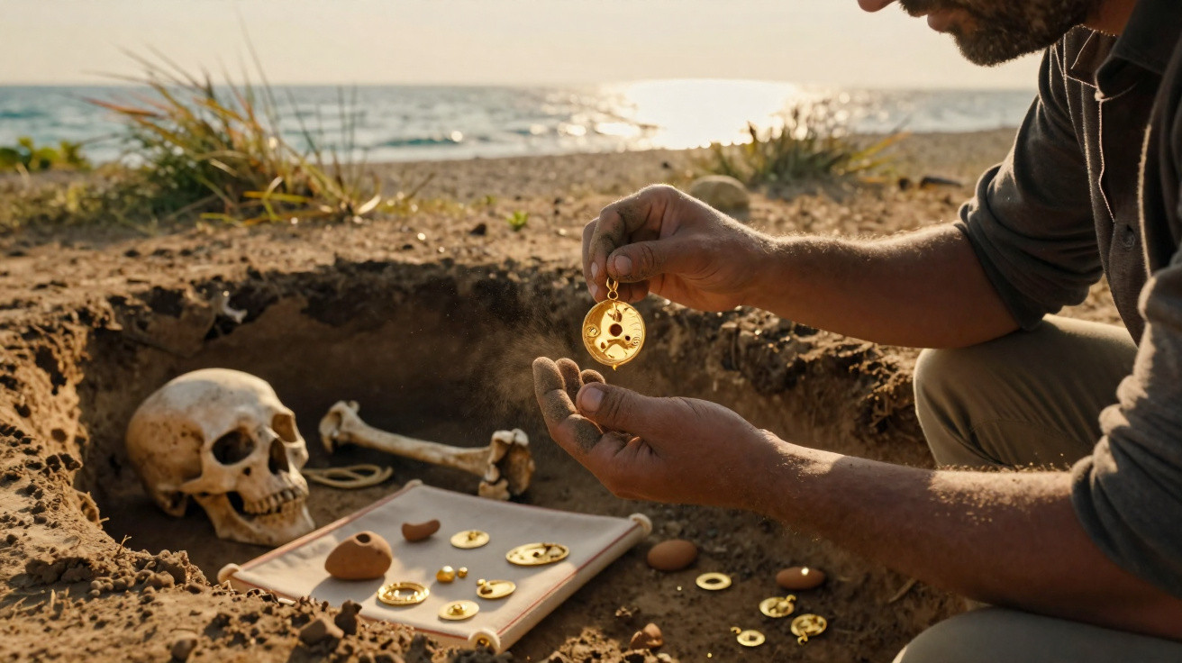 Mann hebt goldene Münze aus Grab mit menschlichem Schädel und Knochen am Strand bei Sonnenuntergang.