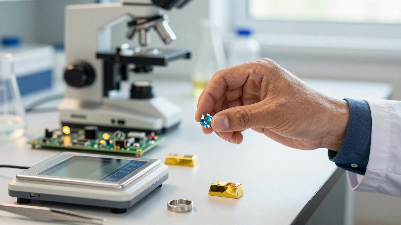 Hand eines Wissenschaftlers hält einen blauen Edelstein in Labor mit Mikroskop und Waage auf Tisch.