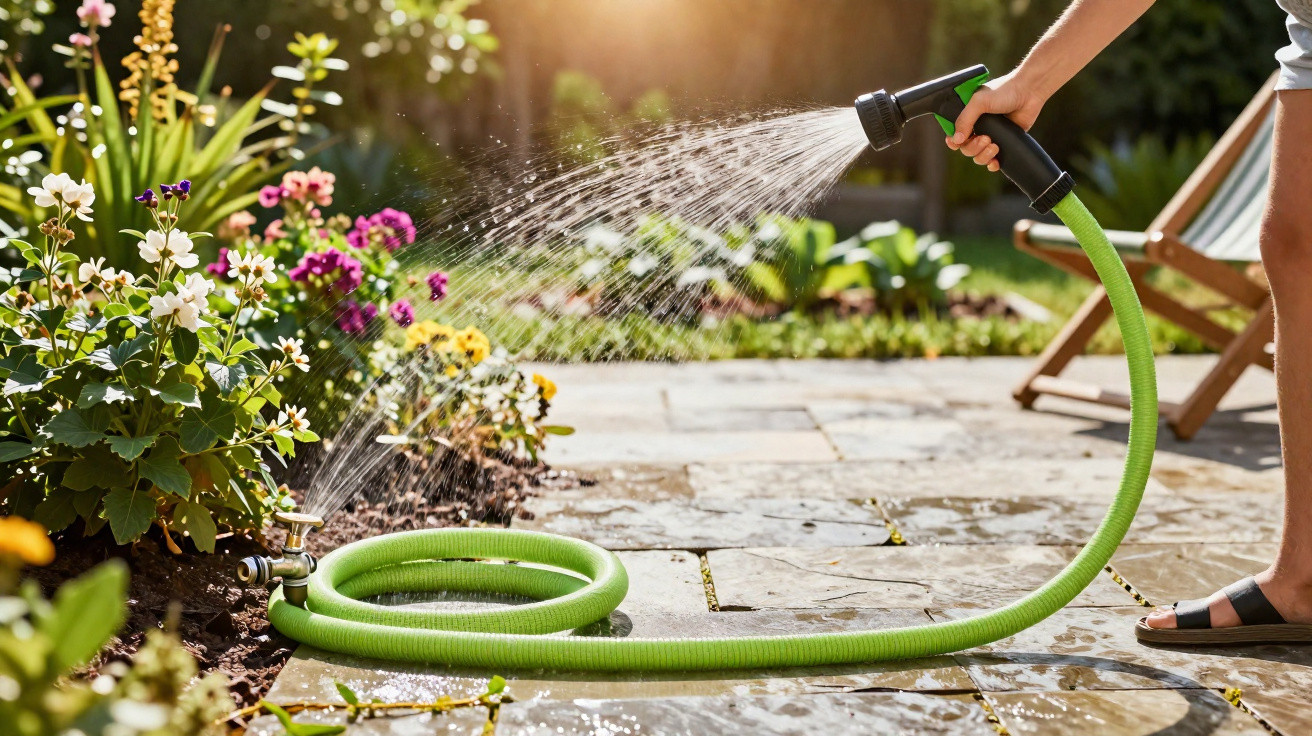 Person gießt bei Sonnenschein bunte Blumen im Garten mit grünem Gartenschlauch und Sprühdüse.