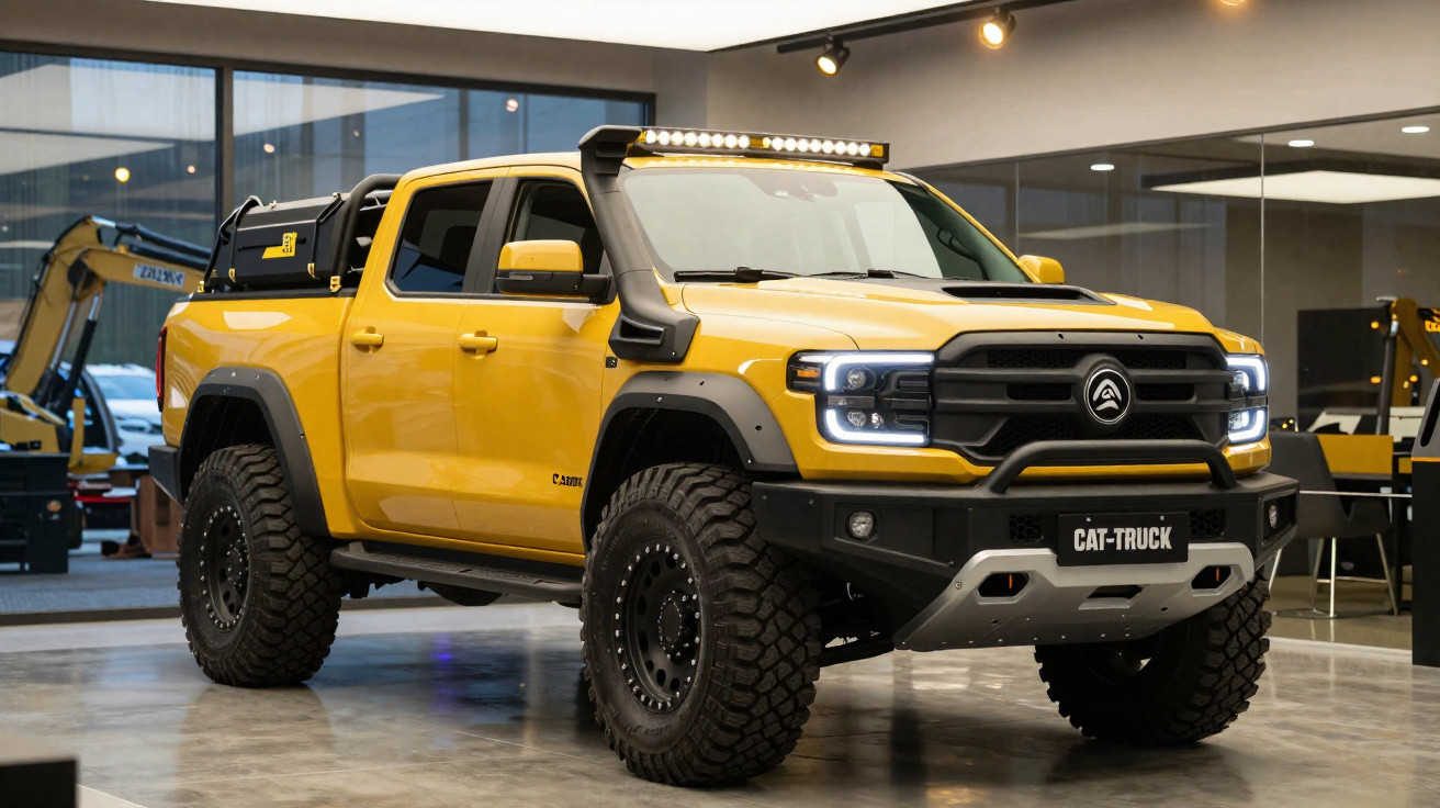 Gelber offroad Pickup mit großem Schnorchel und LED-Lichtleiste in moderner Ausstellungshalle.