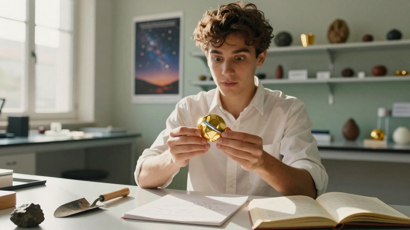 Junger Mann untersucht neugierig ein goldenes kugelförmiges Objekt am Schreibtisch mit Büchern und Werkzeug.