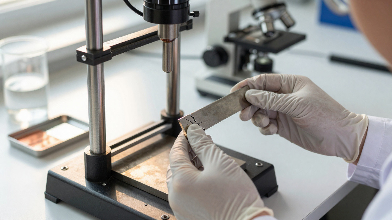Person mit Handschuhen testet Materialriss auf Metallprobe mit Prüfvorrichtung im Labor.