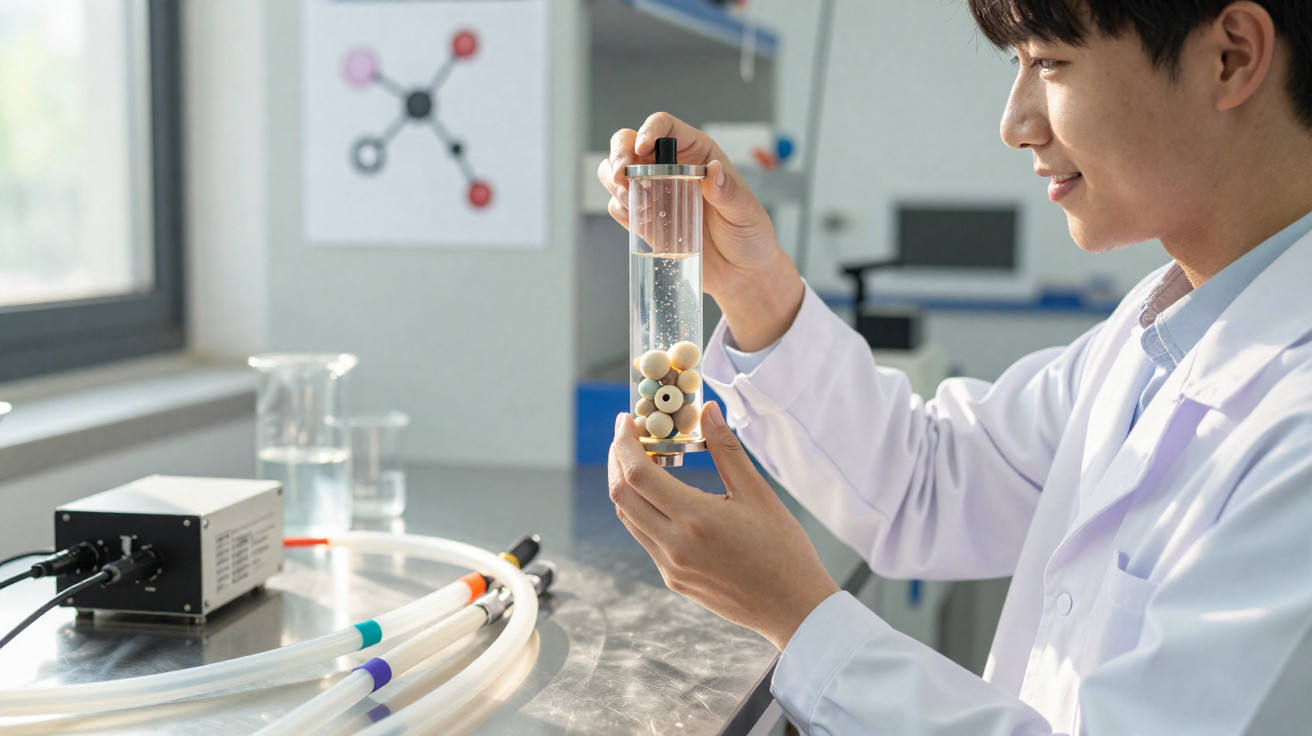 Wissenschaftler im weißen Kittel untersucht Reagenzglas mit Kugeln in modernem Labor.