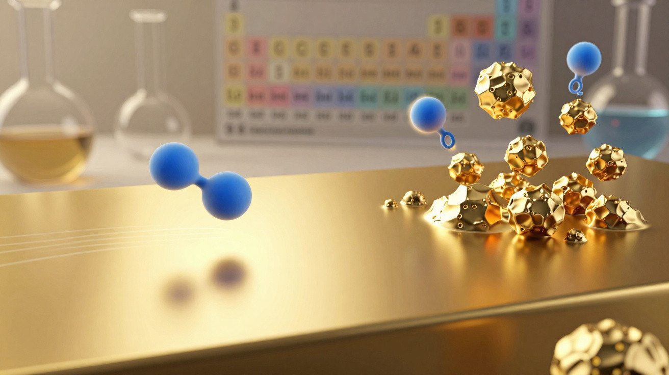 Blau dargestellte Moleküle schwimmen über goldene Nanopartikel vor einem unscharfen Periodensystem im Hintergrund.