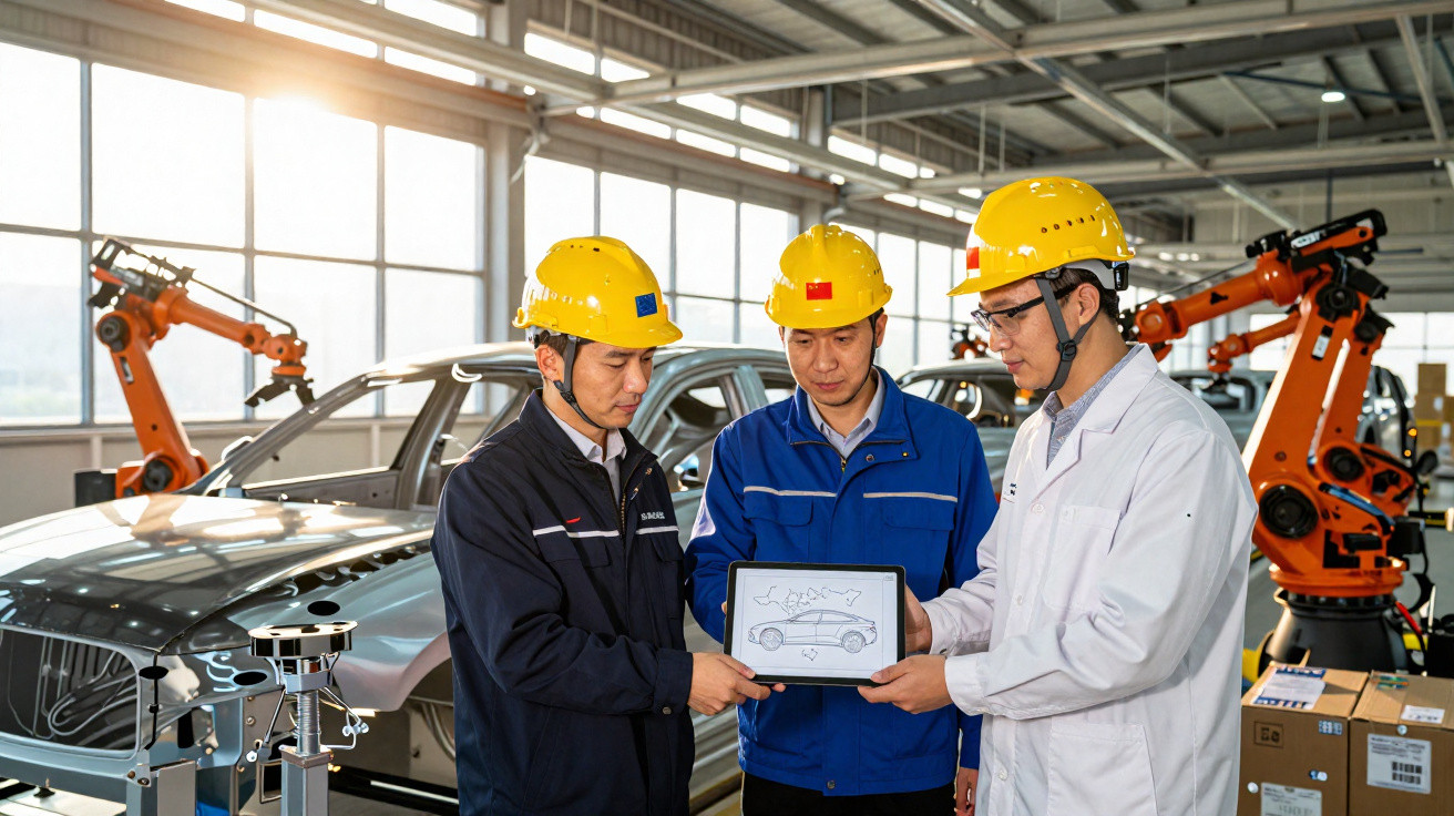Drei Ingenieure mit Schutzhelmen besprechen Fahrzeugdesign auf Tablet in Automobilfabrik mit Robotern.