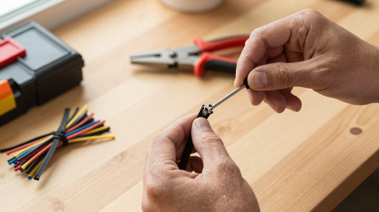 Person hält Kabel und schraubt mit Werkzeug an einem elektrischen Anschluss auf Holztisch mit Werkzeugen.