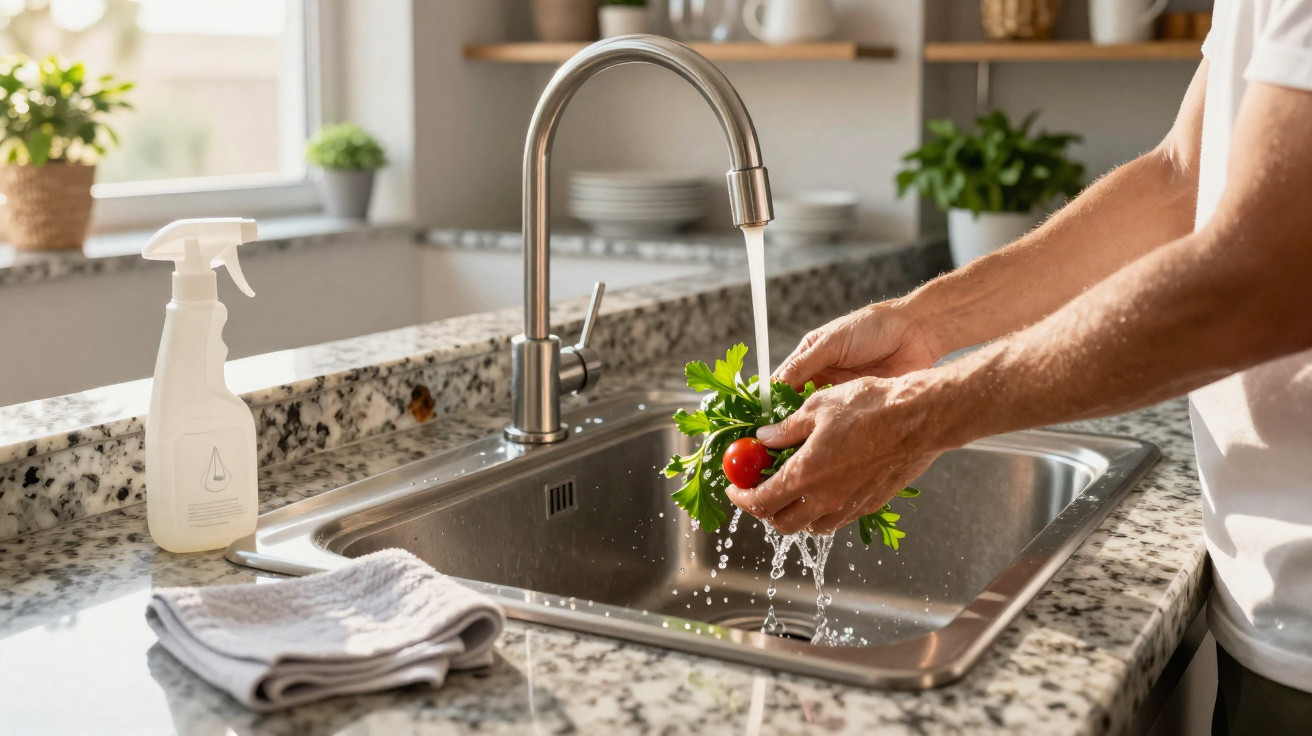 Person wäscht frische Tomaten und Kräuter unter fließendem Wasser in einer modernen Küchenspüle.