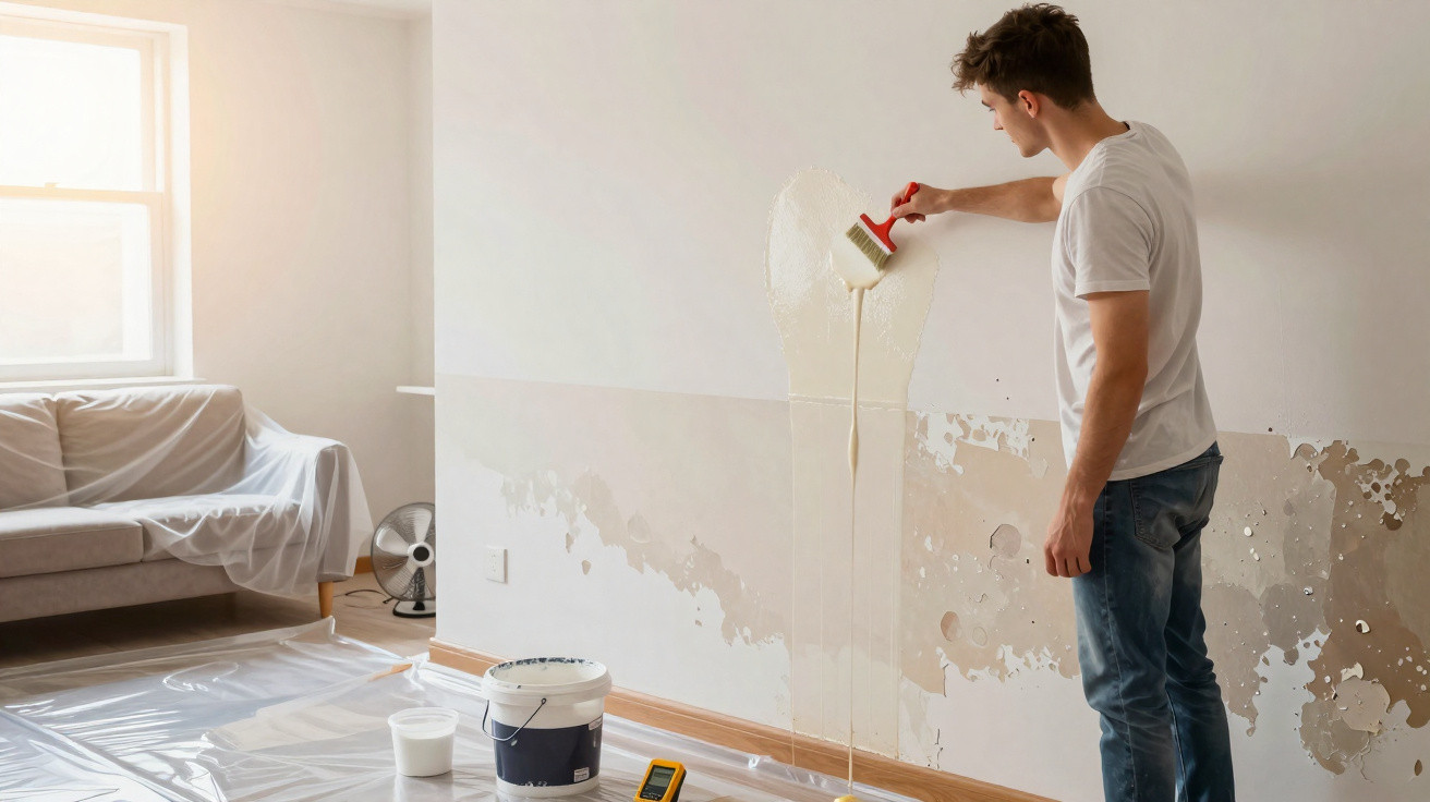 Mann trägt mit Pinsel Flüssigspachtel auf Wand in hellem Raum mit abgedecktem Sofa und Plastikfolie aus.