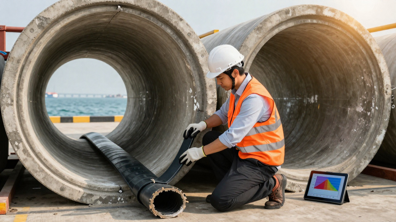 Bauarbeiter mit Helm und Warnweste überprüft Rohr vor großen Betonrohren an einer Küstenbaustelle.