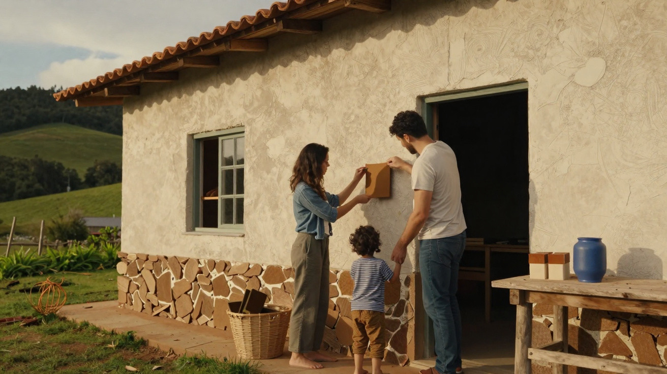 Eine Familie mit Kind hängt einen Briefkasten an eine Hauswand mit ländlicher Umgebung.